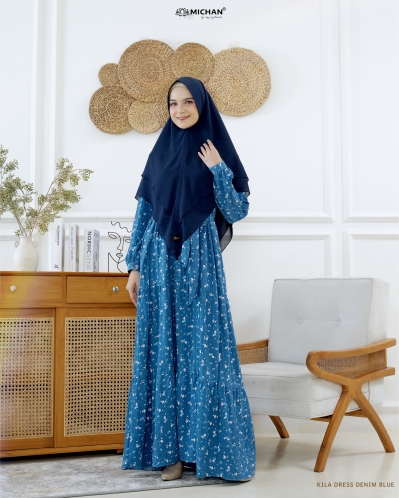 Michan - Gamis Dewasa - Kila Dress Crinkle DENIM Blue - Michan.co.id