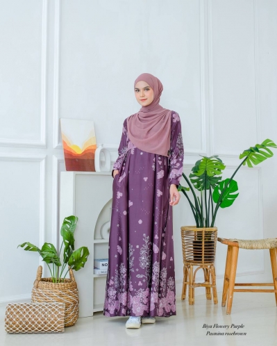 Michan - Gamis Dewasa - Biya Flowery Dress GRAPE PURPLE - Michan.co.id