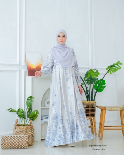 Michan - Gamis Dewasa - Biya Flowery Dress IVORY - Michan.co.id