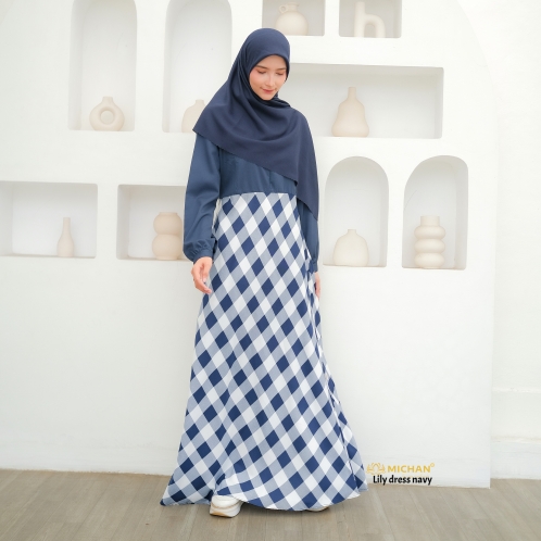 Michan - Gamis Dewasa - Lily Square Dress Navy - Michan.co.id