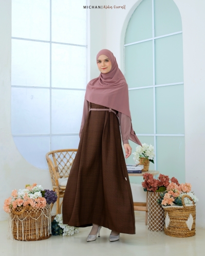 Michan - Gamis Dewasa - OVERALL Alika Linen Mahogany - Michan.co.id