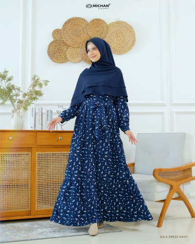Michan - Gamis Dewasa - Kila Dress Crinkle Navy - Michan.co.id